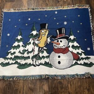 Rare Mr Peanut Throw‎ Blanket Planters Christmas Snowman Woven Tapestry 55 X 45